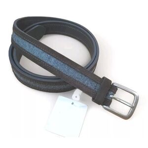 Bespoke Brown Leather Belt Grey Inlay Two Tone Men 40 Square Silver Buckle Nwt